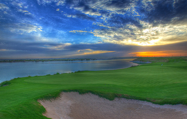 sunset at yas island links, abu dhabi,united arab emirates 